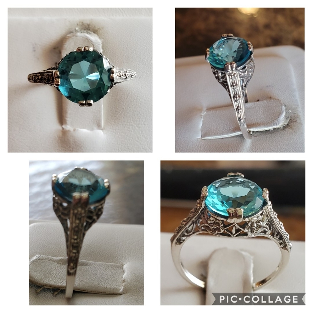Genuine 3ct Aquamarine Art Deco Ring Size 7 - Picture 3 of 8